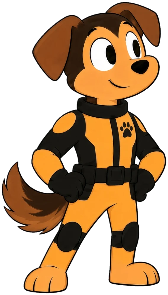 Pituco como herói, com o uniforme laranja e preto